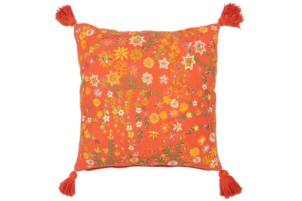 Coussin Carré Fleurs+Pompons Coton Orange