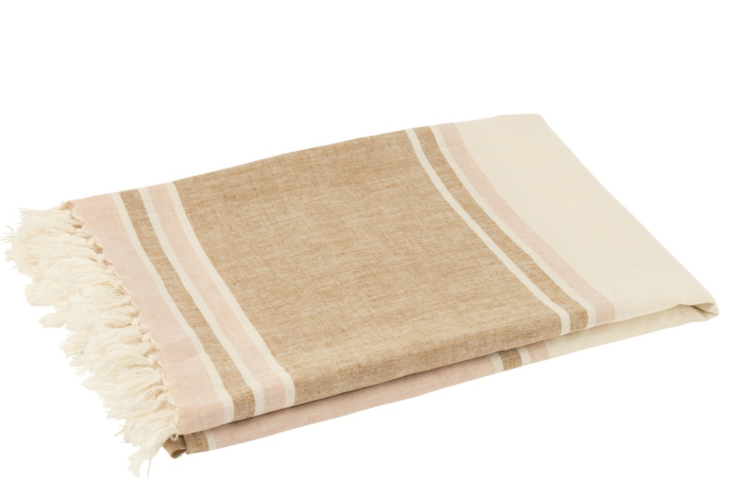 Plaid Rayures+Franges Rose Clair/Blanc/Beige