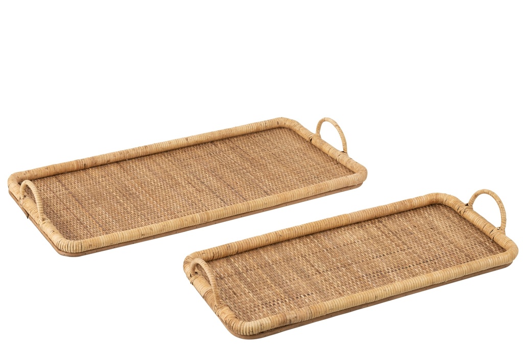 Lot de 2 plateaux rectangulaires en rotin/métal