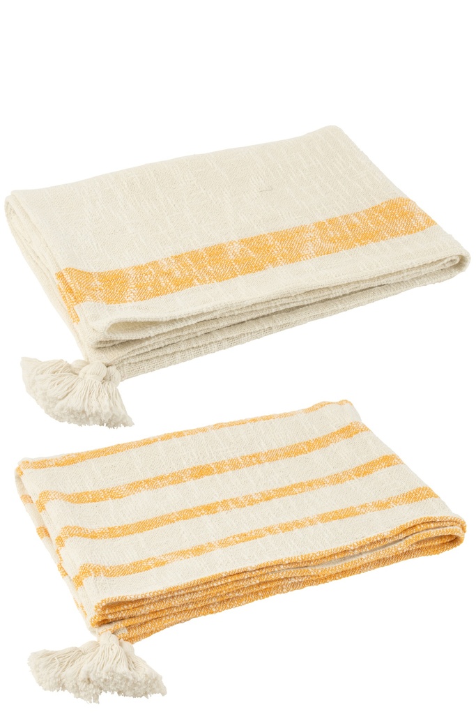Assortiment de plaids à rayures et pompons en coton blanc/orange
