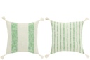 Coussin carré à rayures et pompons en coton blanc/vert