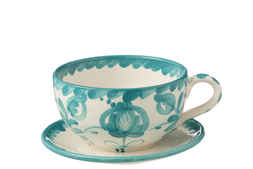 Tasse et assiette Granada en céramique blanche/aqua