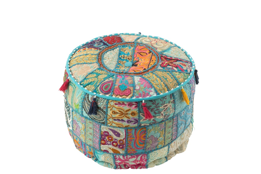Pouf Round Patterns+Tassels Cotton Blue
