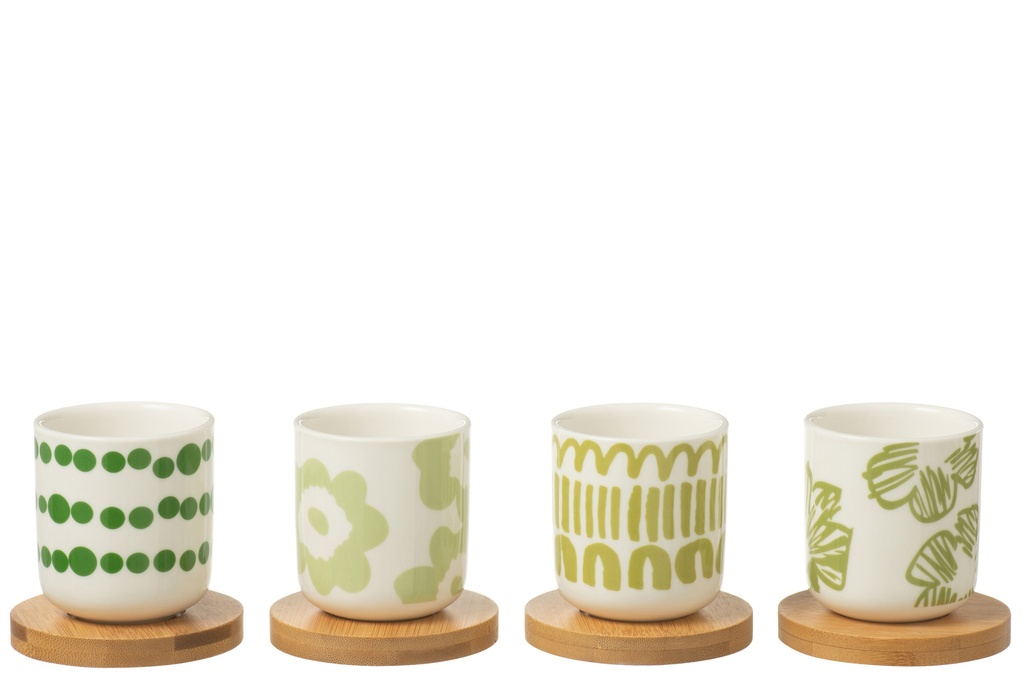 Set Of 4 Coffee Cup+Bamboo Saucer