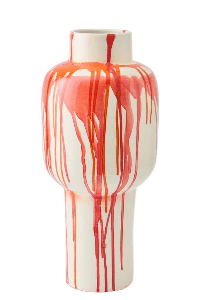 [62852] Floor Vase Striped Ceramic White/Orange