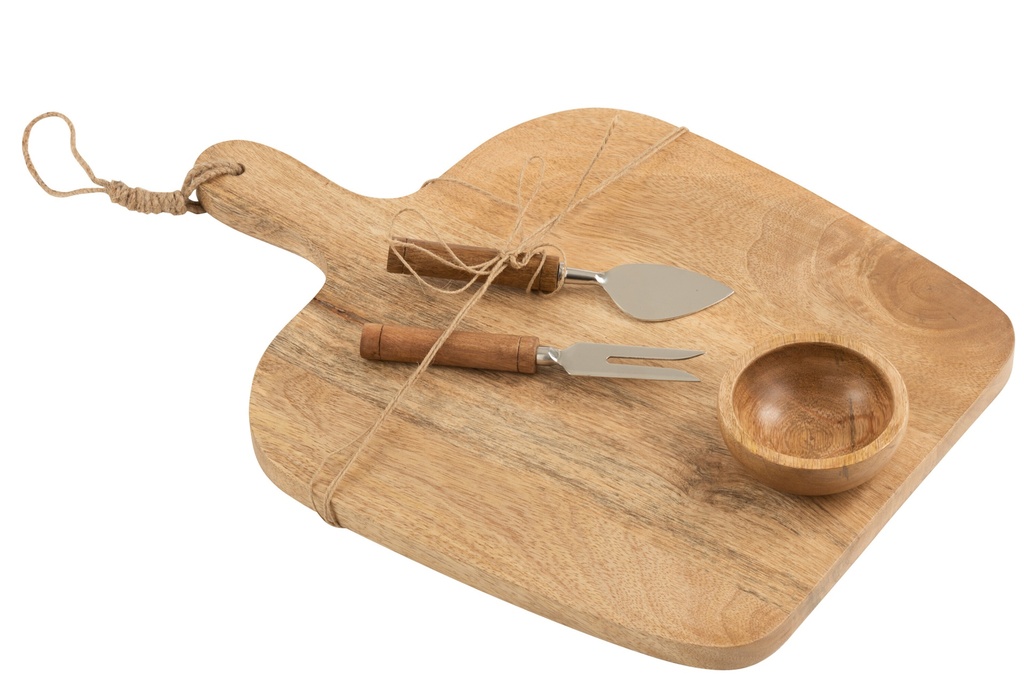 [15830] Plateau à fromage + couteau + bol en bois de manguier naturel/blanc