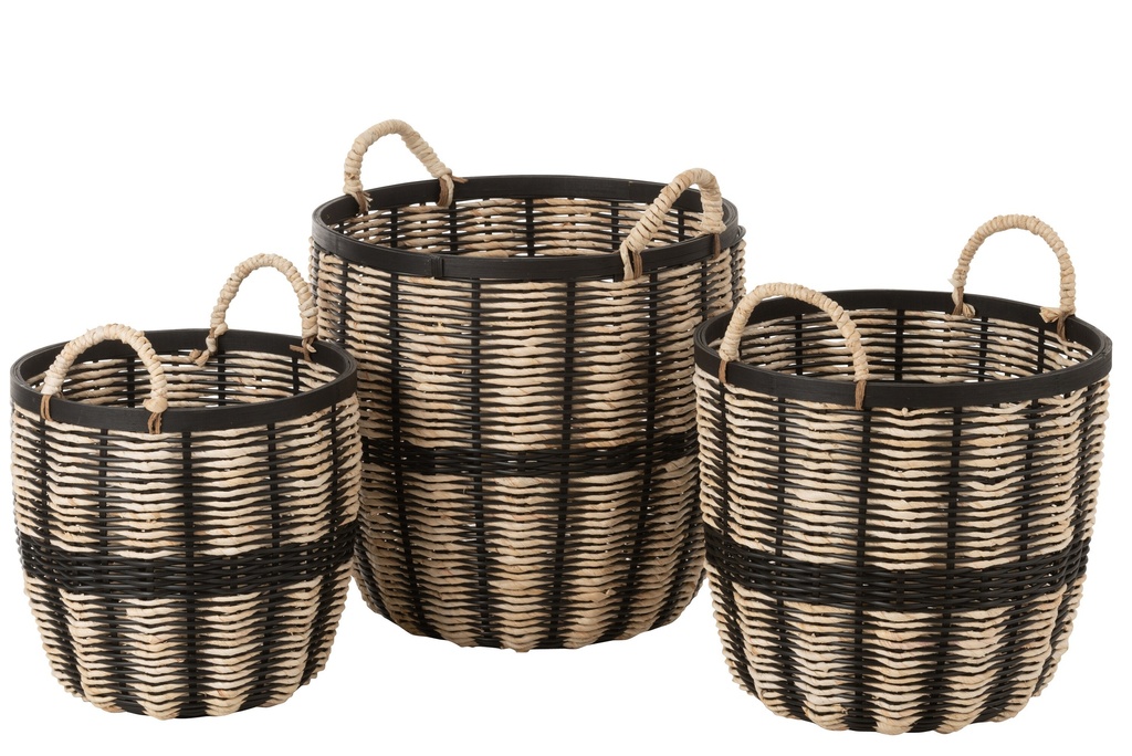 [20401] Lot de 3 paniers en corde/rotin noir/naturel