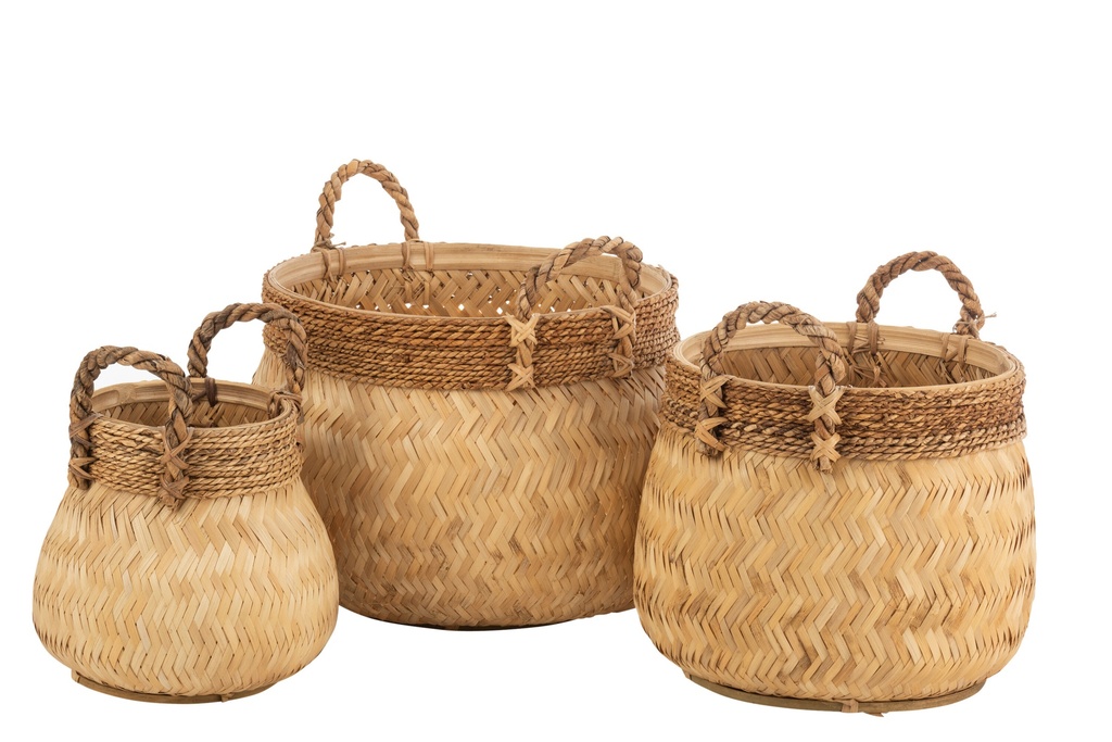 [20840] Set Of 3 Baskets+Handle Ball Bamboo+Rope
