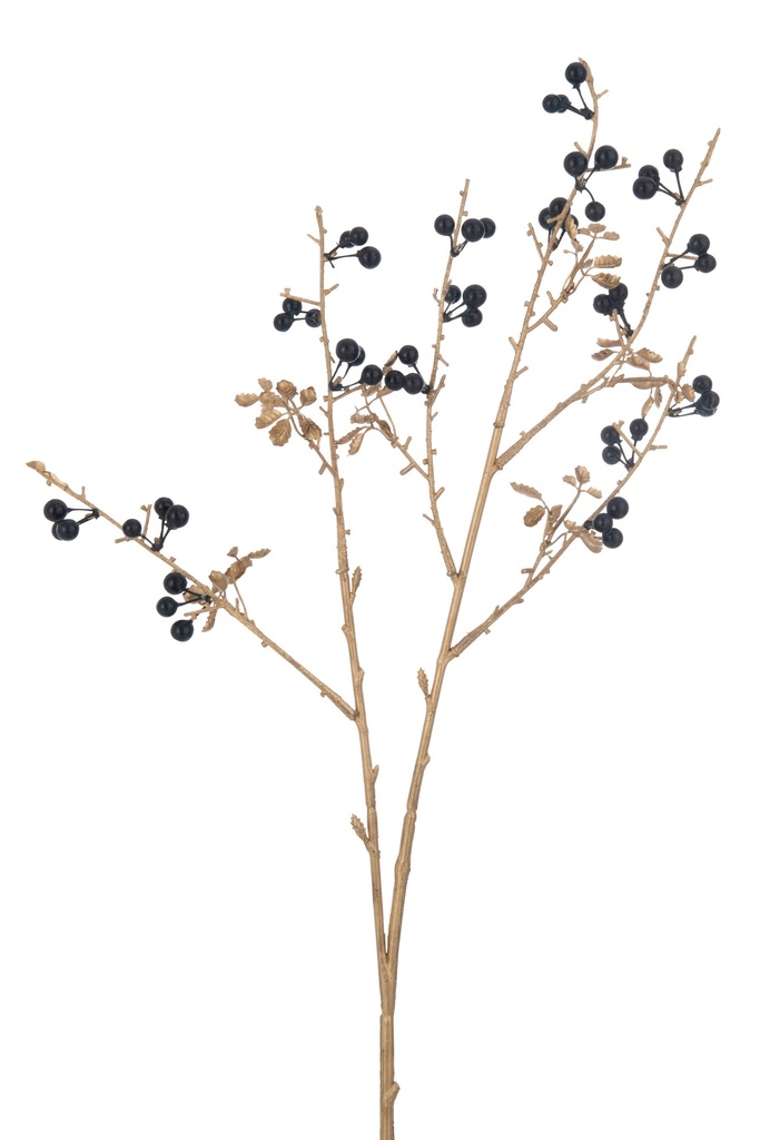 [37615] Branche Baies + Feuilles Plastique Bleu Foncé/Or