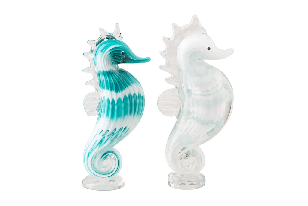 Paperweight Seahorse Striped Glass Turquoise/White