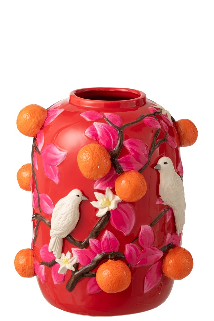 Vase Bird/Oranges Ceramic Pink/Orange Small