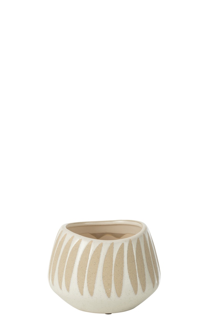 [53148] Pot de fleurs Kai en grès beige/blanc petit