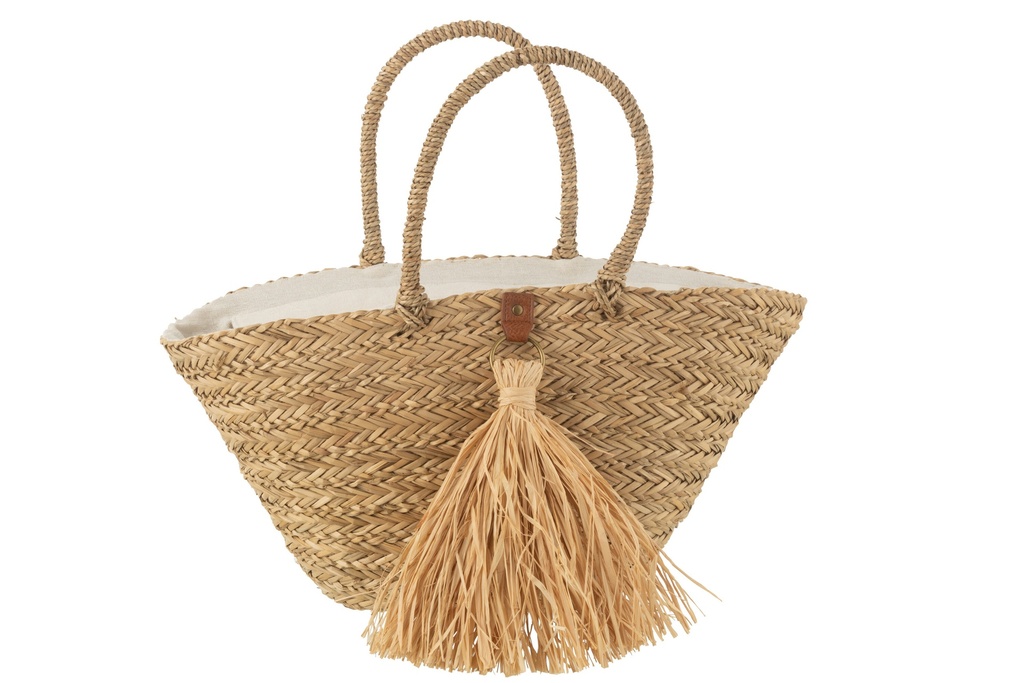 Sac de plage à pompons en jonc de mer/raphia naturel