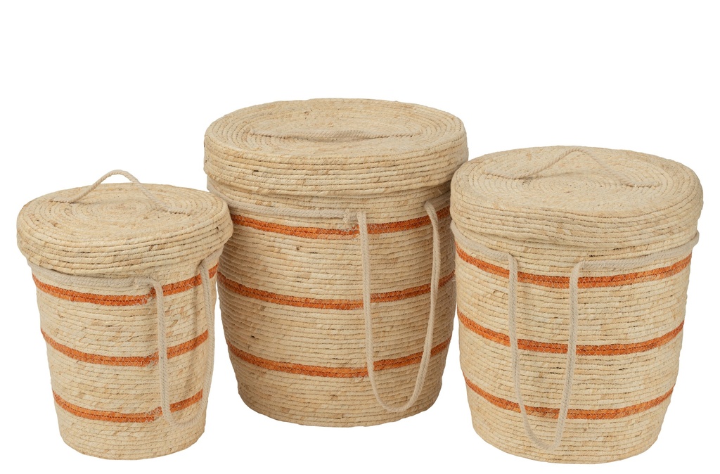 Lot de 3 paniers à rayures + couvercle en maïs